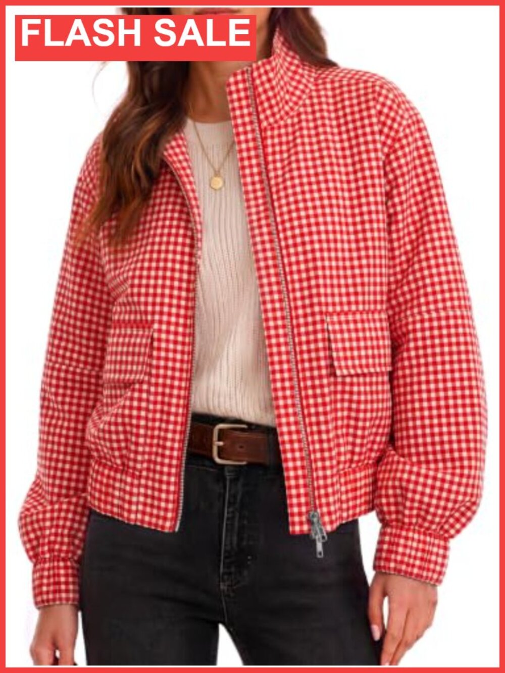 Womens Cropped Plaid Jacket Zip Up Lightweight Casual Coat with Pockets
